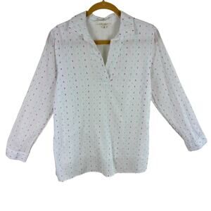 Linda Anderson White Cotton Embroidered Long Roll Tab Sleeve Collared Blouse M